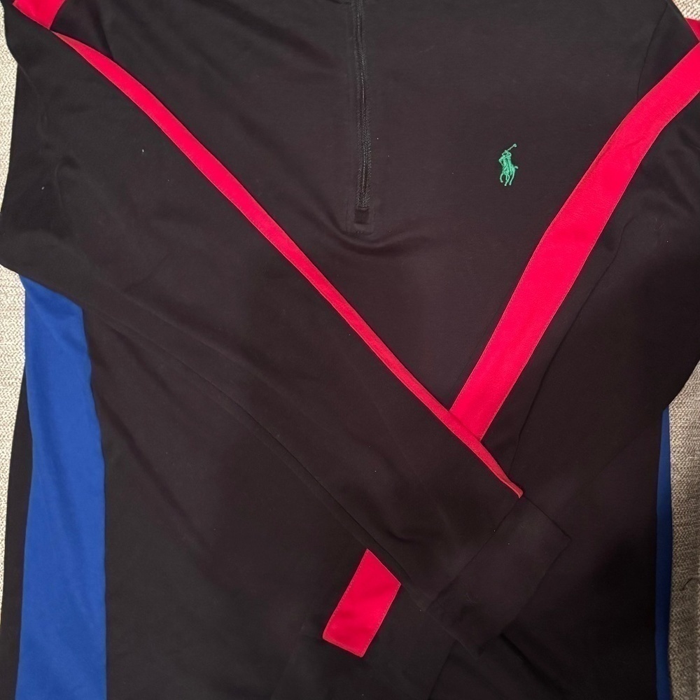 Ralph Lauren Pima Soft Black Pull Over Red blue and black quarter zip size large